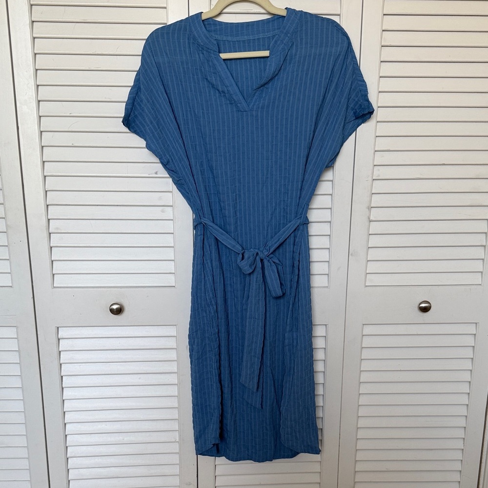 Blue Striped Short Sleeve Dress with Belt